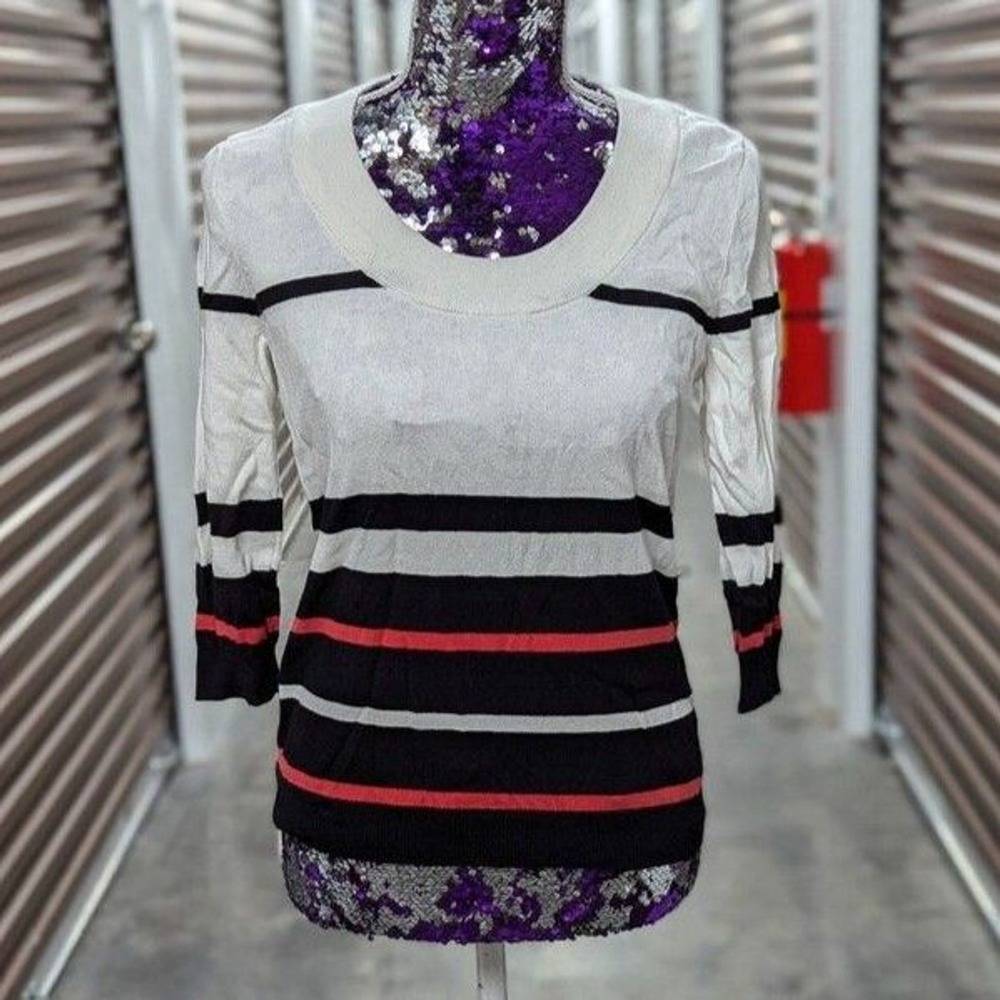 Quiet‎ Luxury White Pink & Black Striped Sweater New York & Company Medium